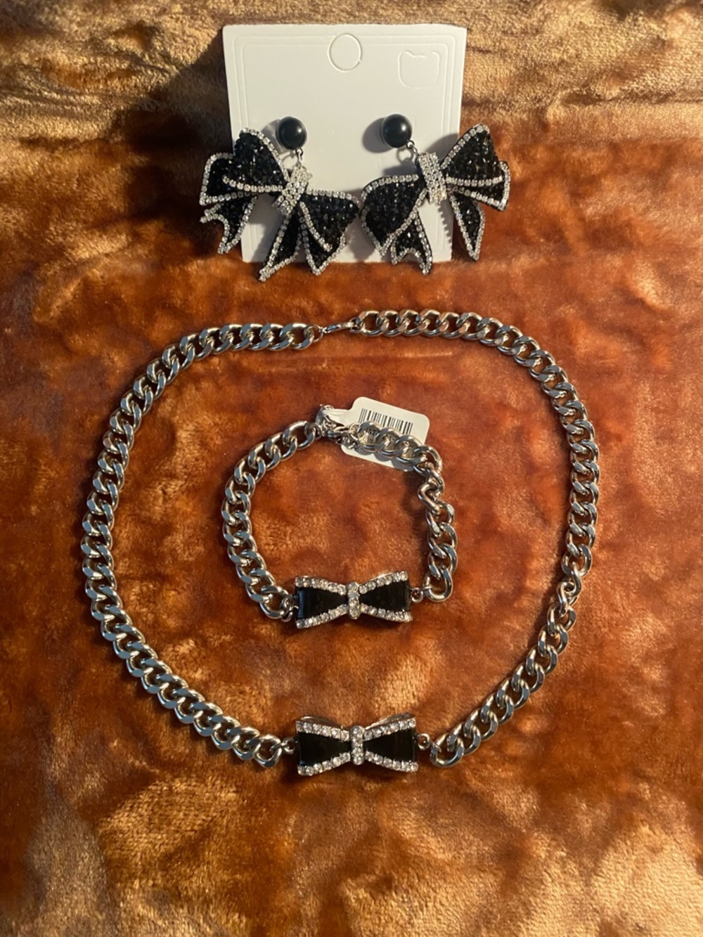 Black Bow Rhinestone Necklace, Bracelet & Earrings Set